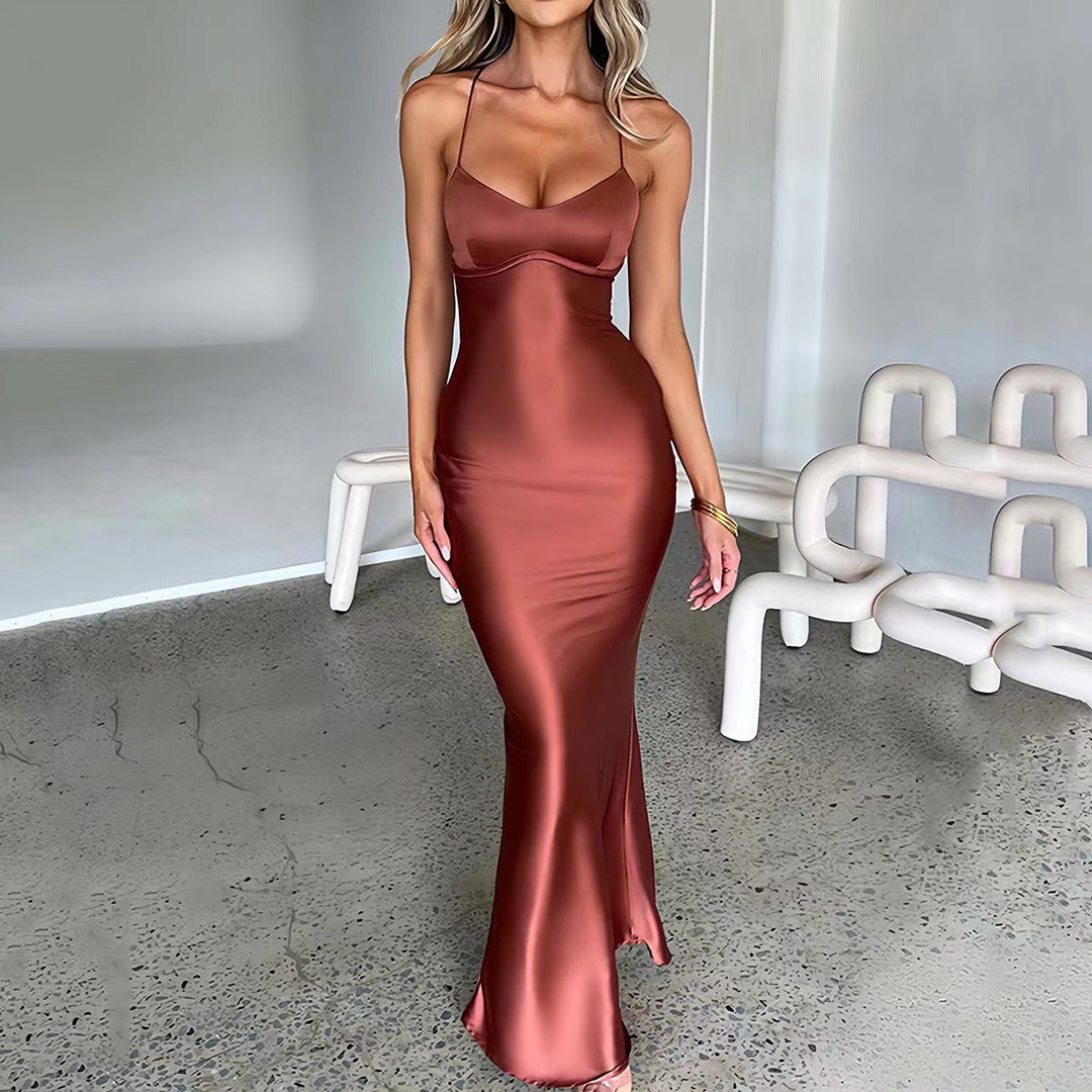 Damen Glamouröses Langarm-Maxi-Kleid mit verstellbaren Trägern und figurbetontem Schnitt