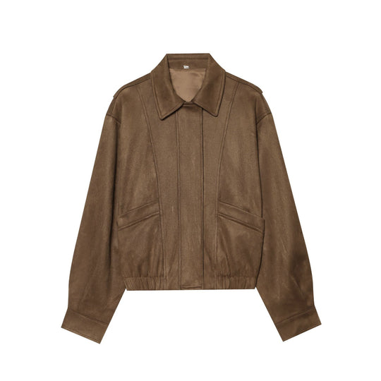 Damen Cropped Blousonjacke in Veloursoptik mit Hemdkragen, Pattentaschen und taillierendem Gummizug Nord Taschen
