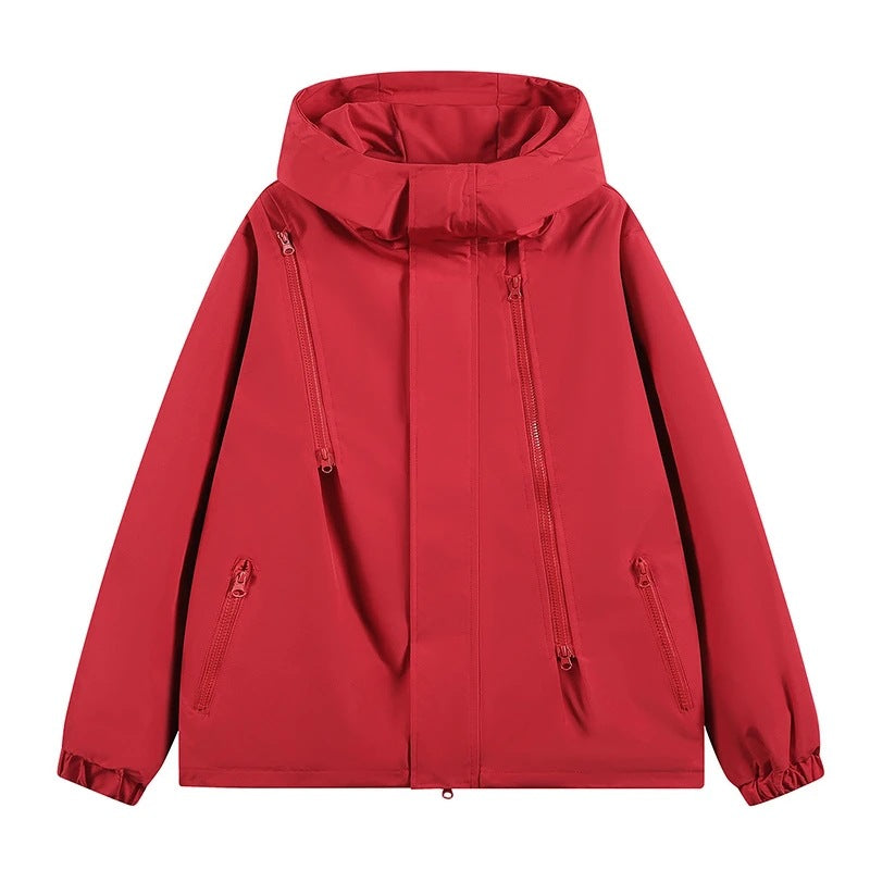 Damen Kurze technische Kapuzenjacke mit asymmetrischen Reißverschlüssen & Kordelzug Nord Taschen