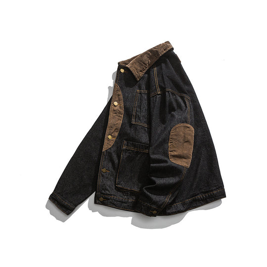 Herren Boxy Denim-Workerjacke mit Cordkragen, Pattentaschen und Ellbogenpatches Nord Taschen