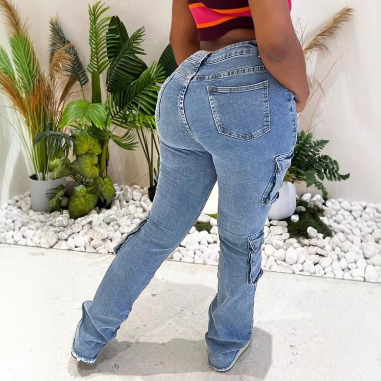 Damen Cargo-Denim-Jeans mit hoher Taille, Slim‑Fit-Hüfte und aufgesetzten Utility-Taschen Nord Taschen