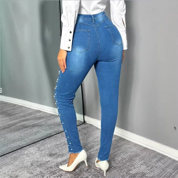 Damen Figurformende hochtaillierte Skinny-Jeans mit seitlicher Perlenzier Nord Taschen