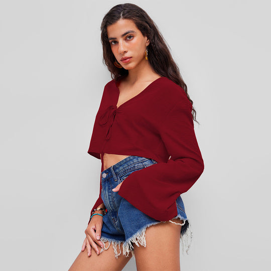 Damen kurzes Bindecrop-Top mit V-Ausschnitt, Knotenbindetail und Glockenärmeln Nord Taschen