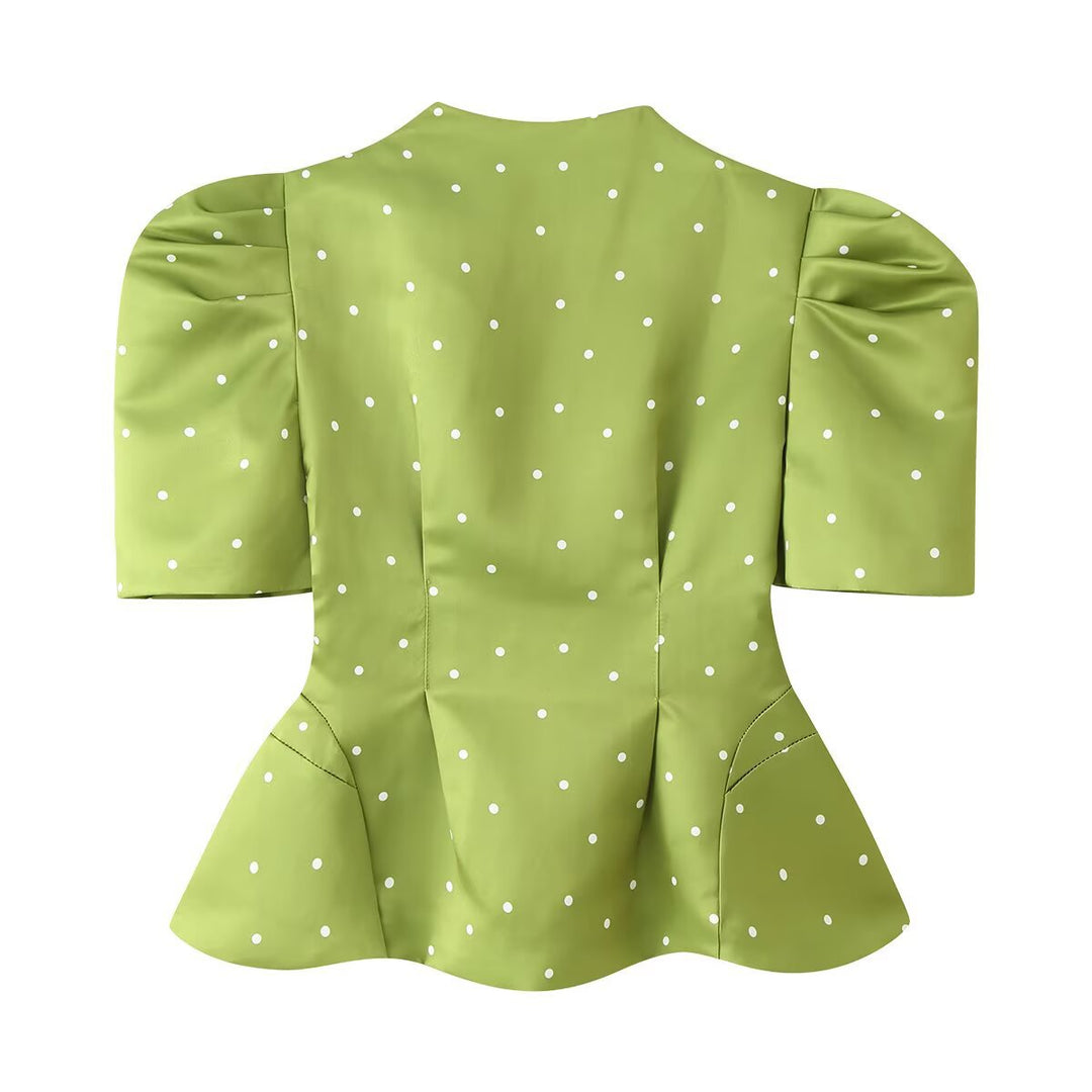 Damen Taillierte Satinbluse mit Puffärmeln, Stehkragen und Polka‑Dot‑Print Nord Taschen
