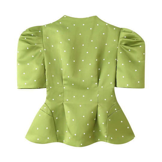Damen Taillierte Satinbluse mit Puffärmeln, Stehkragen und Polka‑Dot‑Print Nord Taschen