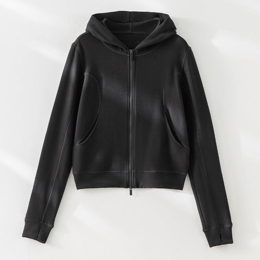 Damen Cropped Kapuzenjacke mit Reißverschluss und konturierten Eingrifftaschen Nord Taschen