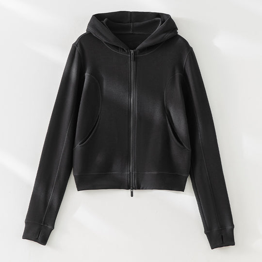 Damen Cropped Kapuzenjacke mit Reißverschluss und konturierten Eingrifftaschen Nord Taschen