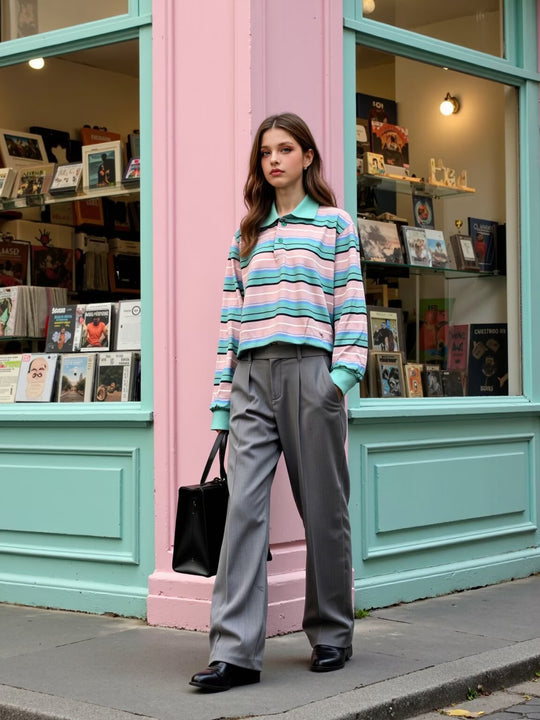 Damen Gestreiftes Poloshirt‑Sweatshirt aus Baumwollmix mit Kontrastkragen und gerippten Bündchen Nord Taschen