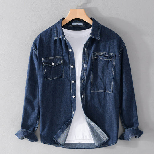 Herren Jeans-Overshirt im Worker-Stil mit doppelten Brusttaschen und kontrastierenden Ziernähten Nord Taschen