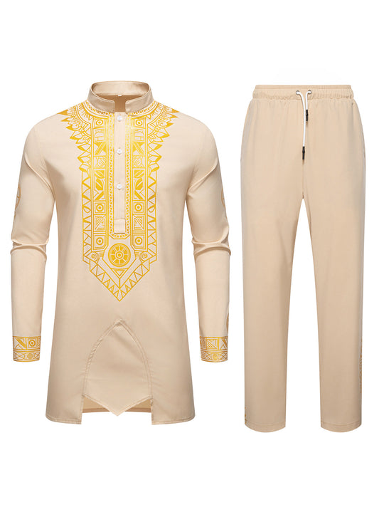 Herren Traditionelles Langarm-Kurta-Set mit Stehkragen, goldfarbenem Ornamentdruck und Tunnelzughose Nord Taschen
