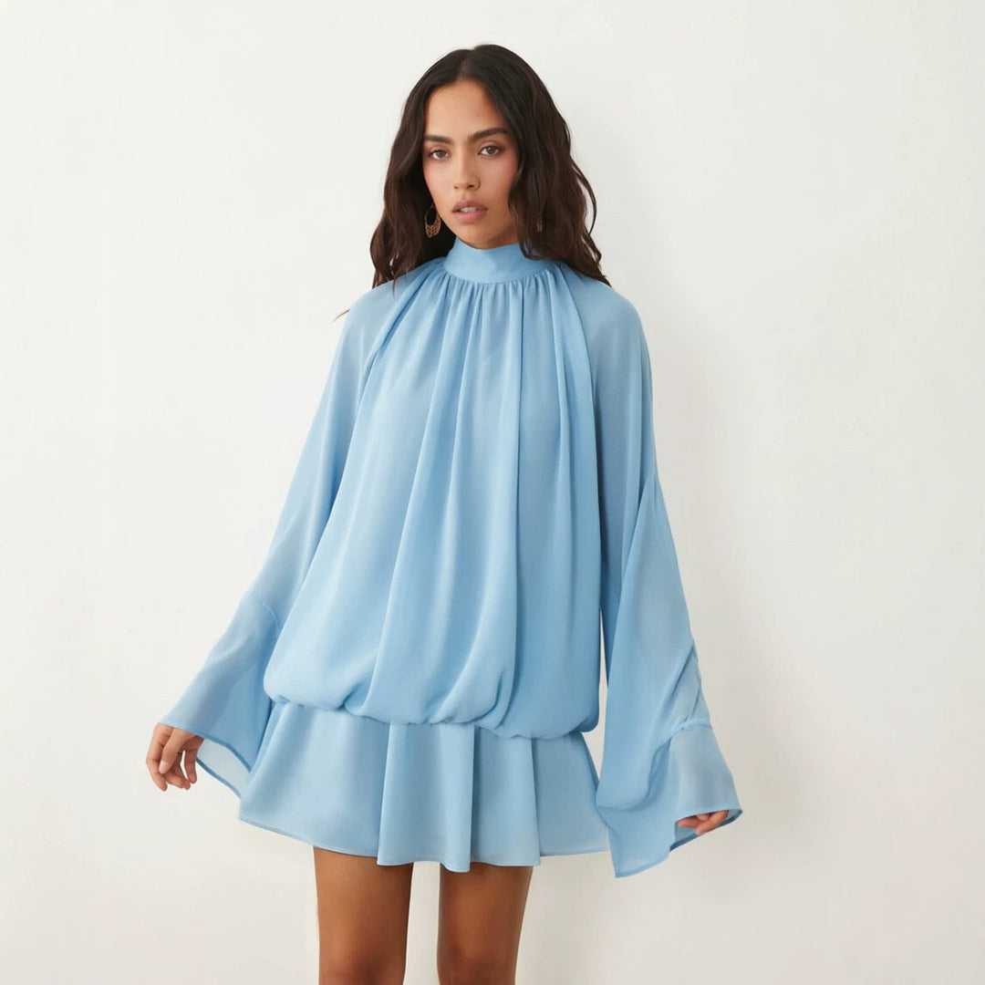 Damen Chiffon-Minikleid mit geraffter Blusentunika, Stehkragen und Volantrock Nord Taschen