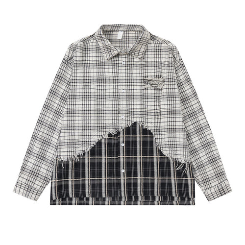 Unisex Oversize-Hemdjacke mit Lagenlook, ausgefranstem Saum und Karomix Nord Taschen