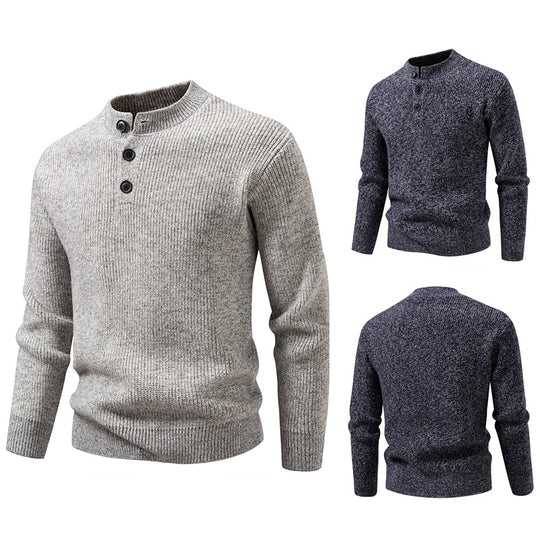 Herren Feinstrick-Henleypullover mit kurzem Stehkragen, Knopfleiste und Rippbündchen Nord Taschen