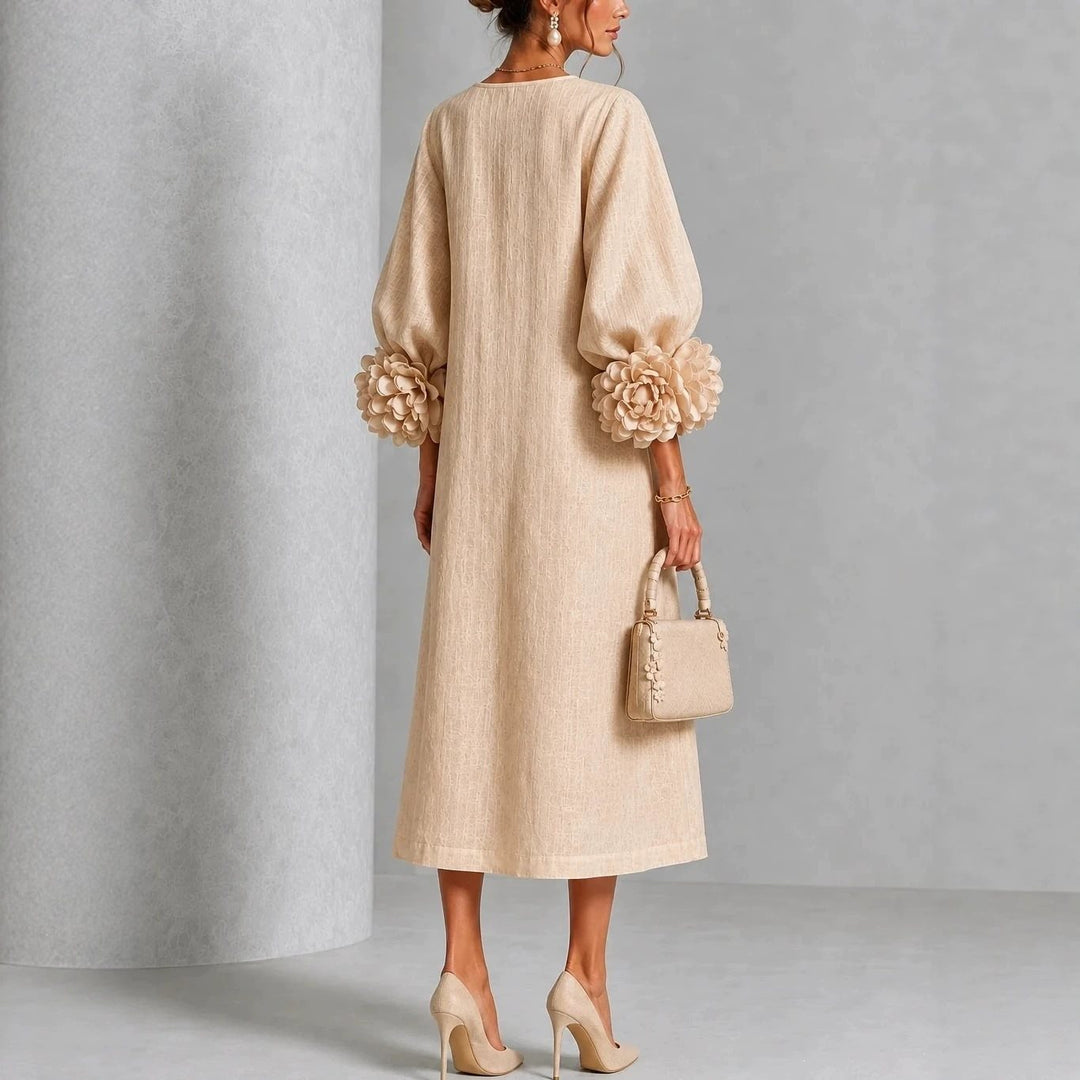 Damen Midikleid aus Leinen mit Ballonärmeln und 3D-Blütenmanschetten Nord Taschen