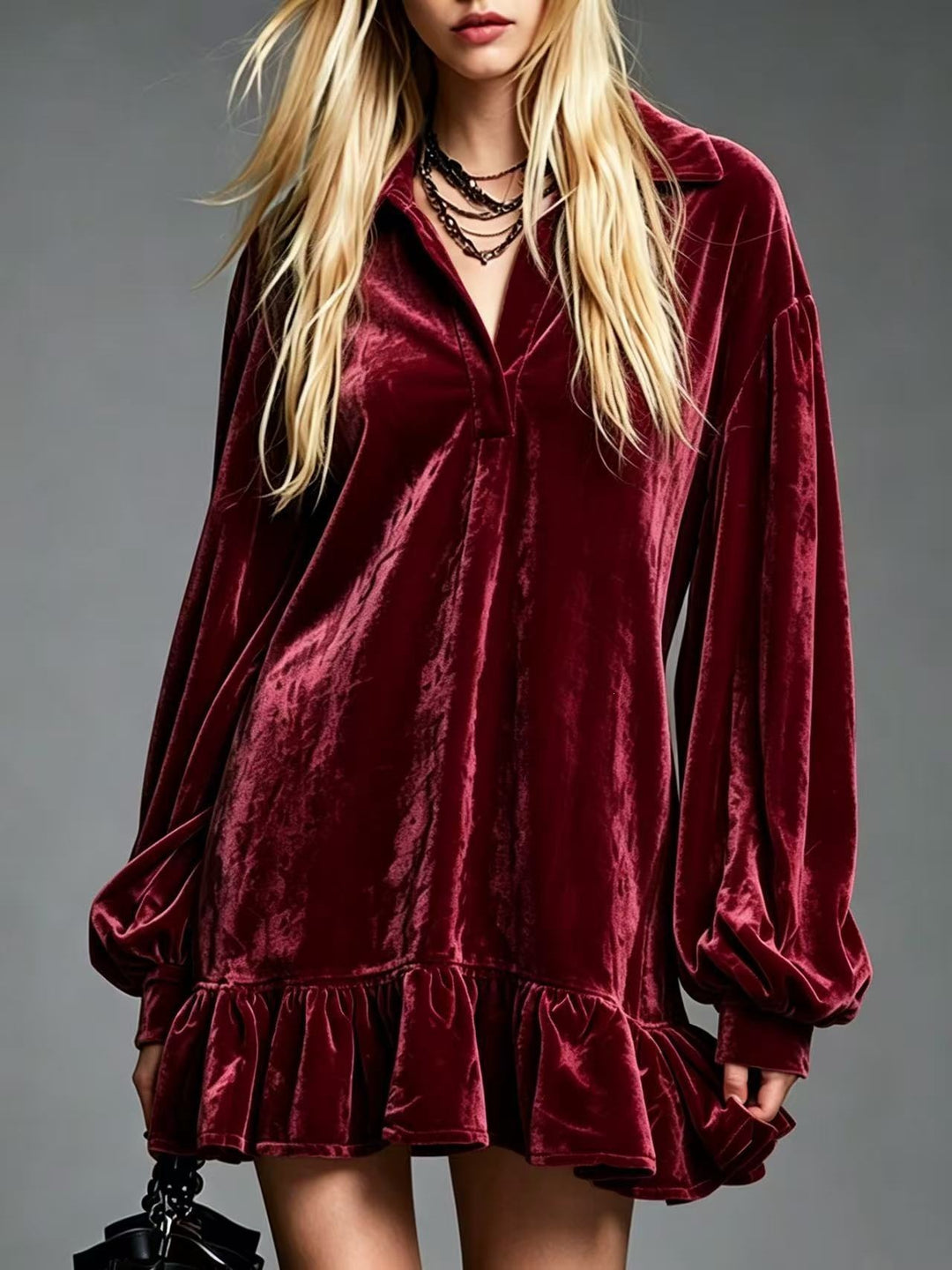 Damen Samt-Minikleid mit Volant-Saum, Ballonärmeln und Hemdkragen Nord Taschen