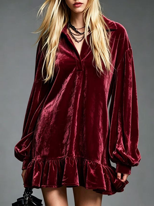 Damen Samt-Minikleid mit Volant-Saum, Ballonärmeln und Hemdkragen Nord Taschen