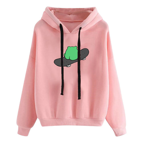 Damen nan kurz geschnittener Cropped-Kapuzenpullover mit niedlicher Frosch-Illustration und verstellbarer Kapuze Nord Taschen
