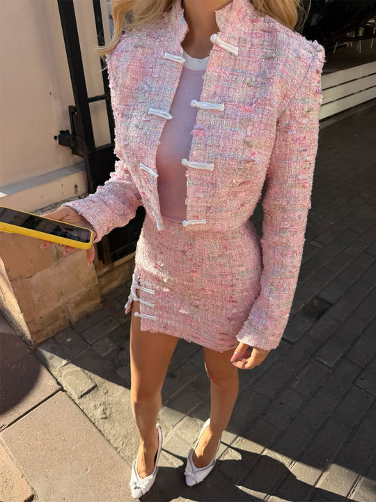 Damen Tweed-Zweiteiler Kurzjacke und Minirock im Bouclé-Stil Nord Taschen