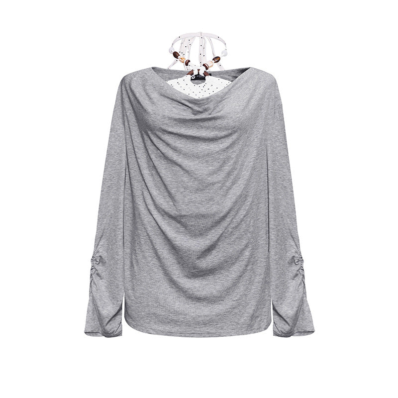 Damen Langes drapiertes Langarmshirt mit Wasserfallkragen und Raffung an den Ärmeln Nord Taschen
