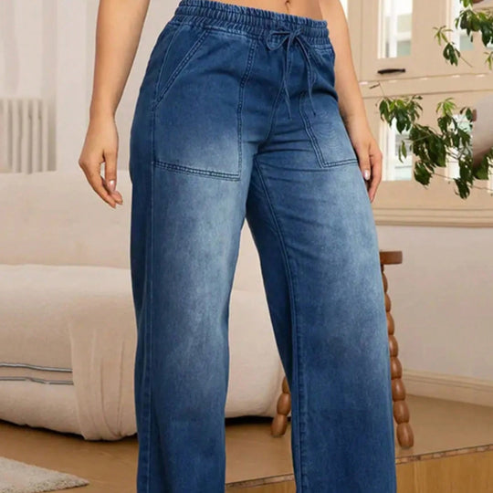 Damen Weite High-Waist-Jeans mit elastischem Bund und Kordelzug Nord Taschen