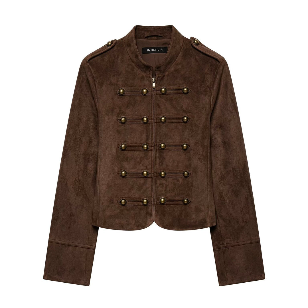 Damen Kurzjacke im Militärstil aus Veloursimitat mit Stehkragen, Epauletten und dekorativer Zierknopfleiste Nord Taschen