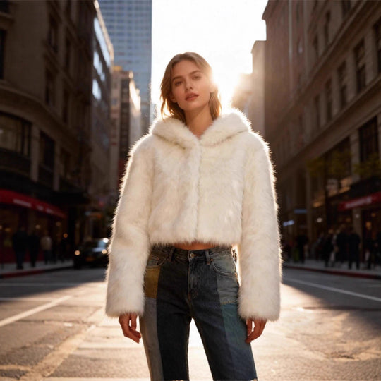 Damen Cropped Kunstpelzjacke mit Kapuze, glatter High‑Pile‑Optik und schmaler Saum Nord Taschen