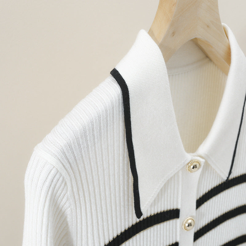 Damen Marin-inspiriertes Rippenstrick-Cardigan mit Polokragen und Zierknopfleiste Nord Taschen