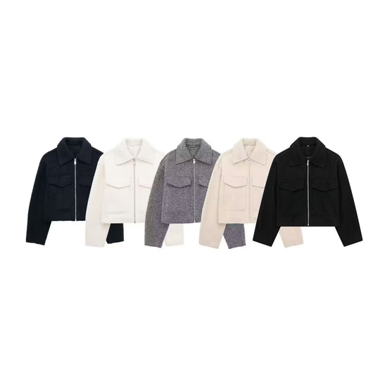 Damen Kurz geschnittene Teddyjacke mit Reißverschluss, Kragen und aufgesetzten Klappentaschen Nord Taschen