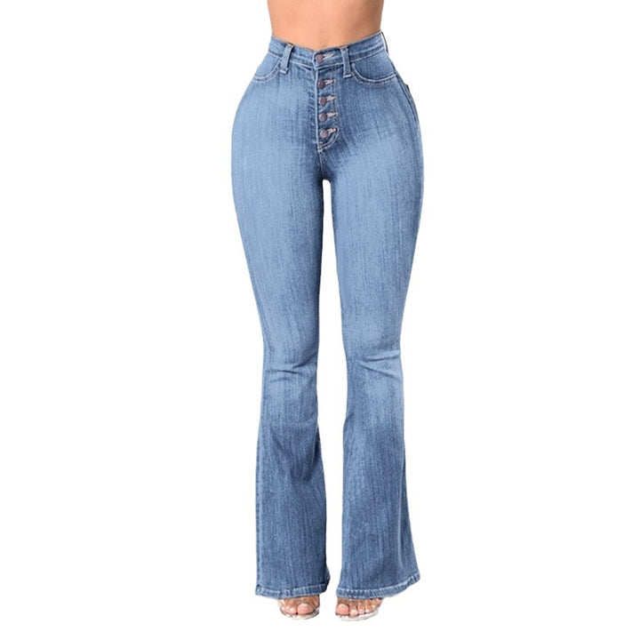 Damen hochgeschnittene Bootcut-Jeans mit sichtbarer Knopfleiste, figurformendem Stretch und schlankem Oberschenkel Nord Taschen