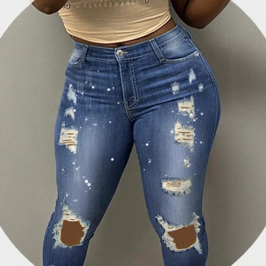 Damen hochgeschnittene enggeschnittene Superstretch-Jeans mit Used-Knierissen und Paint-Splatter Nord Taschen
