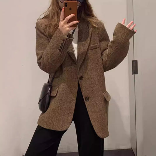 Damen Oversize-Blazer aus Wollmix mit Fischgrätstruktur, kastiger Silhouette & Pattentaschen Nord Taschen