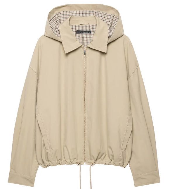 Damen Leichte Kapuzenjacke im Boxy‑Schnitt mit Kordelzug und Karofutter Nord Taschen
