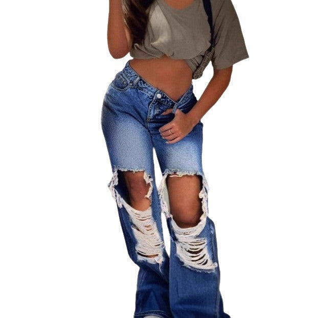 Damen extraweite Destroyed-Denim-Jeans mit großen Knieausbrennungen und hoher Taille Nord Taschen