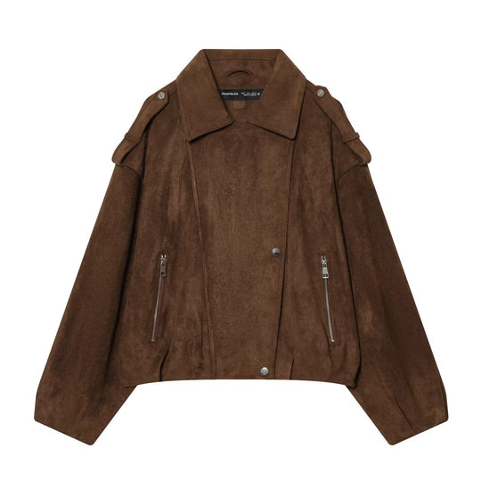 Damen Kurze Veloursleder-Bikerjacke mit Schulterklappen, Reißverschlusstaschen und kastiger Silhouette Nord Taschen