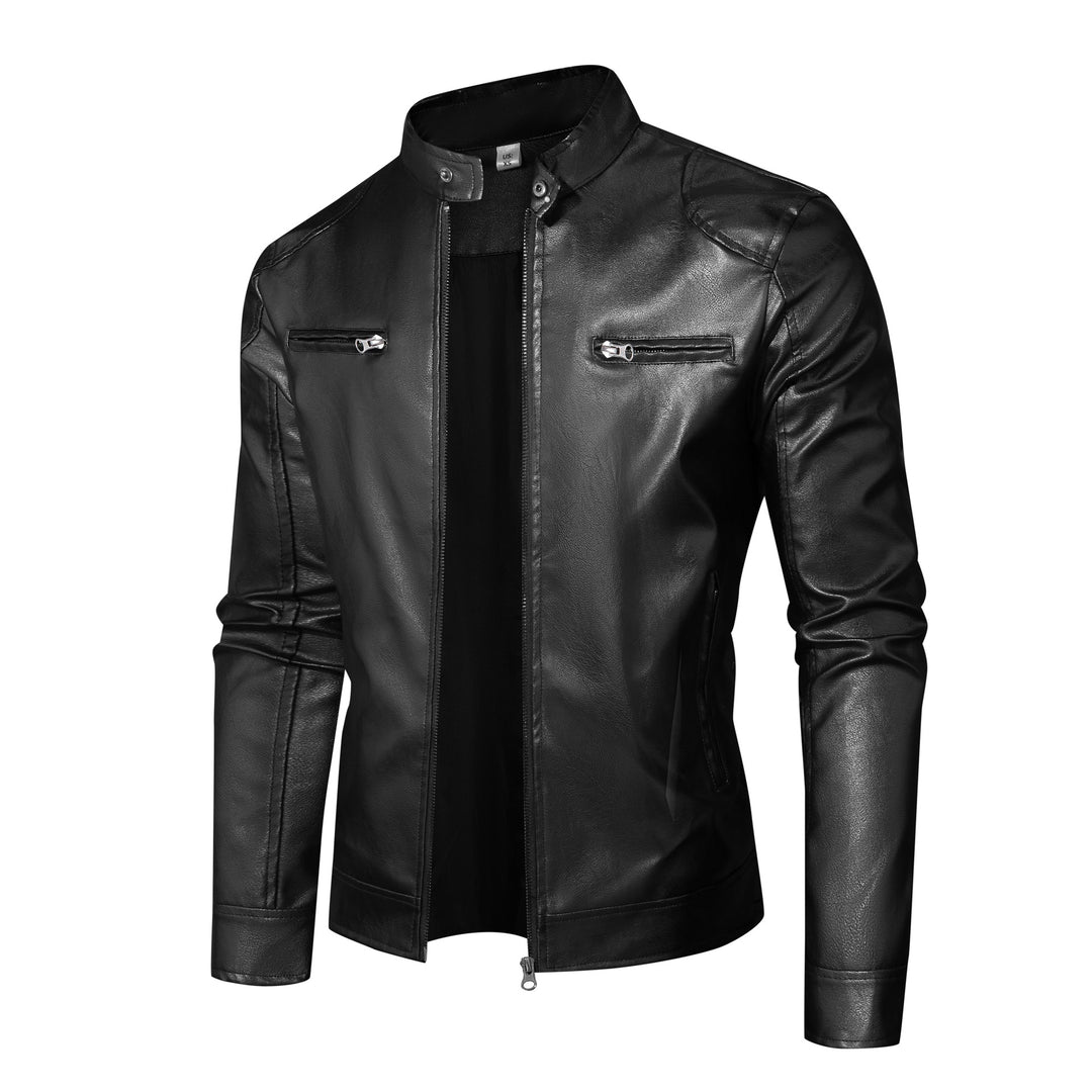 Herren Lederjacke im Bikerstil mit Stehkragen und Reißverschlusstaschen Nord Taschen
