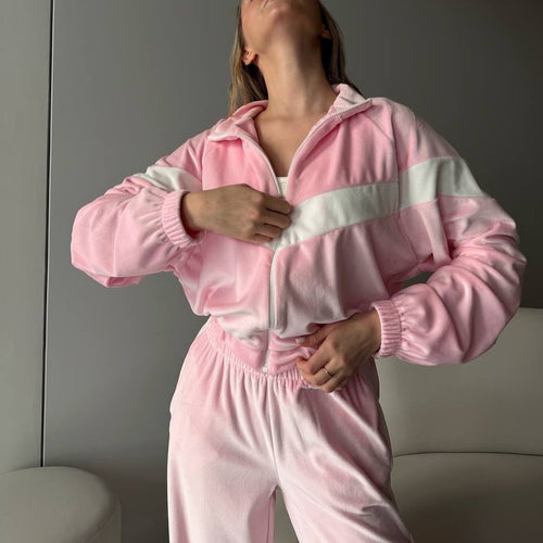 Damen leichter Komfort-Jogginganzug im Retro-Stil mit kurzem Reißverschlussoberteil und hoher Taille Nord Taschen