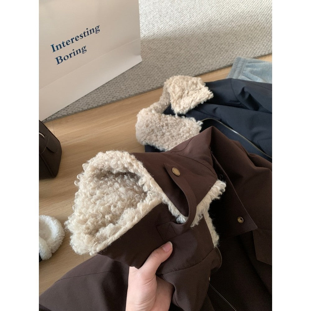 Damen Kurze Oversize-Bomberjacke mit Teddykragen und Druckknopfdetails Nord Taschen