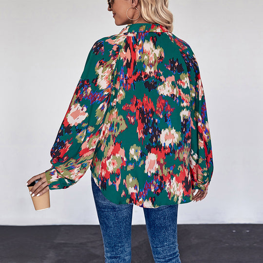Damen Weites Blusenshirt mit Hemdkragen, abstraktem Print und Ballonärmeln Nord Taschen