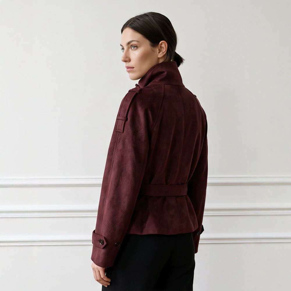 Damen Taillierte Kurzjacke in Wildlederoptik mit Doppelreiher und Stehkragen Nord Taschen