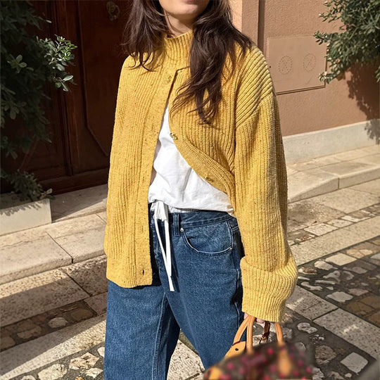 Damen Oversize-Strickjacke mit Rippenstruktur und Stehkragen Nord Taschen