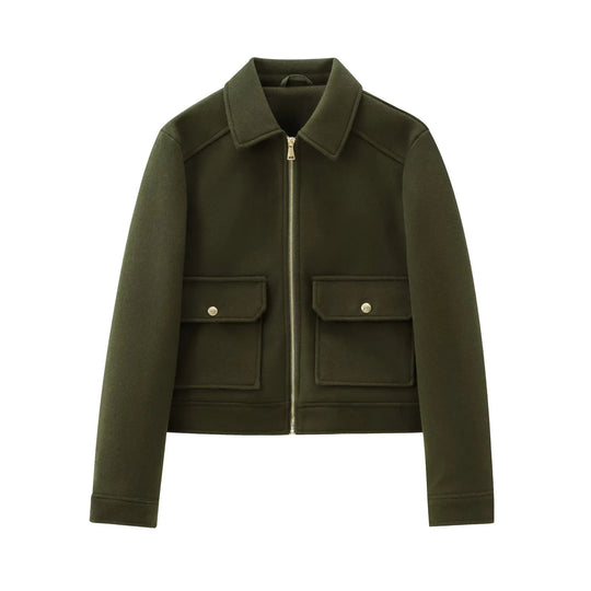 Damen 40+ kurze Woll‑Blousonjacke mit goldfarbenem Reißverschluss und aufgesetzten Pattentaschen Nord Taschen