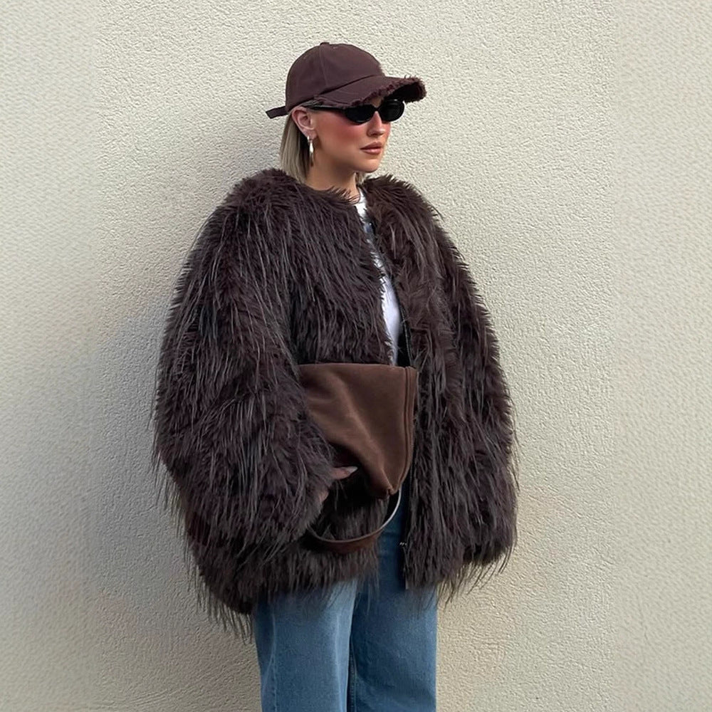 Damen Oversize Kunstpelz‑Mantel mit langfloriger Shag‑Optik und kastiger Silhouette Nord Taschen