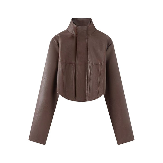 Damen Cropped Lederoptik‑Jacke mit taillierter Korsett‑Teilung und Stehkragen Nord Taschen
