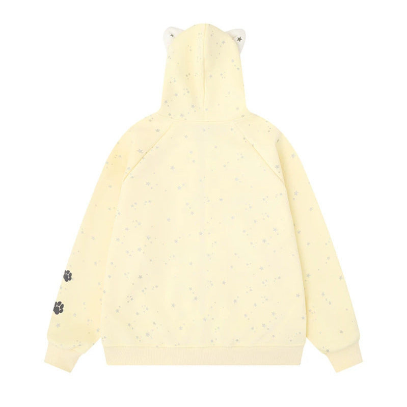 Damen Zip-Kapuzenjacke mit Musikprint, 3D-Ohrenkapuze und Pfoten-Applikation Nord Taschen