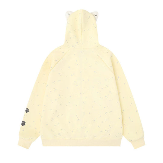 Damen Zip-Kapuzenjacke mit Musikprint, 3D-Ohrenkapuze und Pfoten-Applikation Nord Taschen