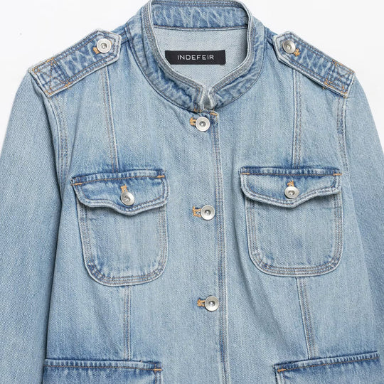 Damen Jeansfieldjacke mit Stehkragen, Schulterpatten und vier aufgesetzten Pattentaschen Nord Taschen