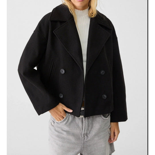 Damen Kurzer Zweireihiger Wollmix-Peacoat mit übergroßem Revers Nord Taschen