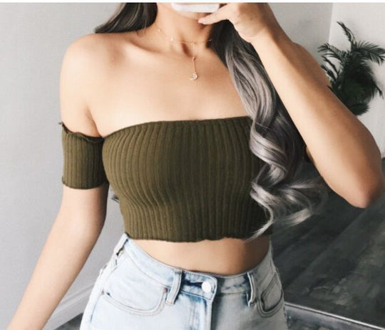 Damen Off-Shoulder Crop-Top aus Rippenstrick Nord Taschen
