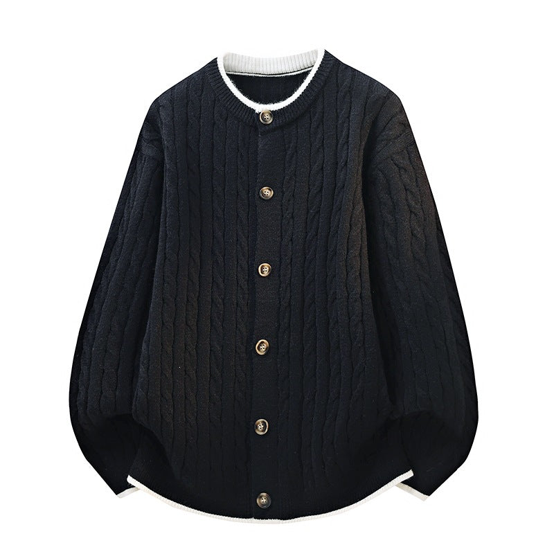 Damen Oversize Zopfstrick-Cardigan mit Rundhalsausschnitt, Holzknopfleiste & Kontrastbesatz Nord Taschen