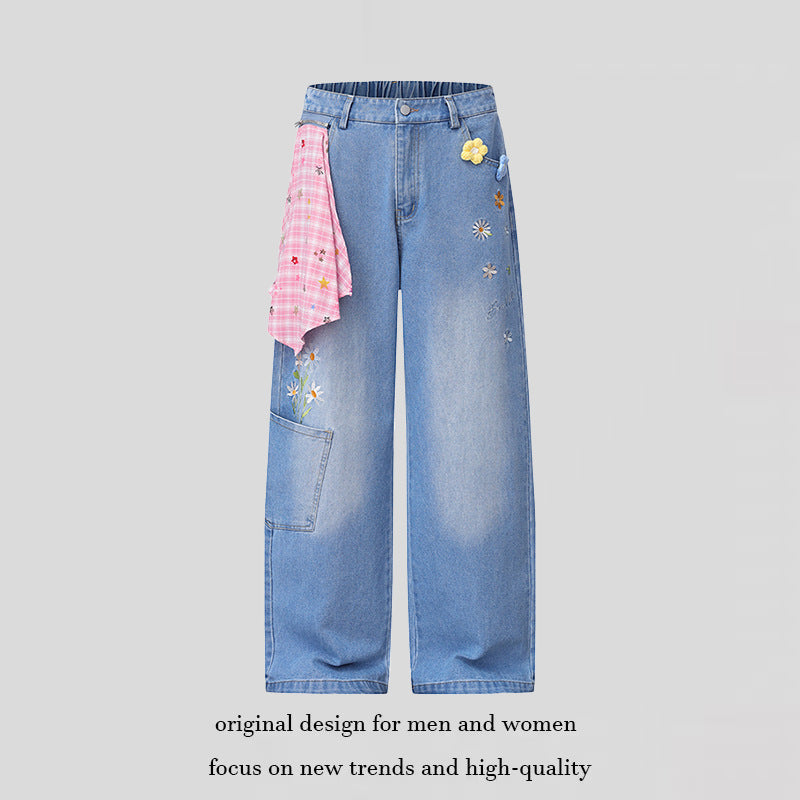 Damen Weite High‑Waist Denim‑Palazzo‑Jeans mit Blumenstickerei, Cargo‑Tasche und Tuchdetail Nord Taschen